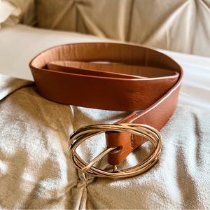 Tan faux leather belt with gold buckle